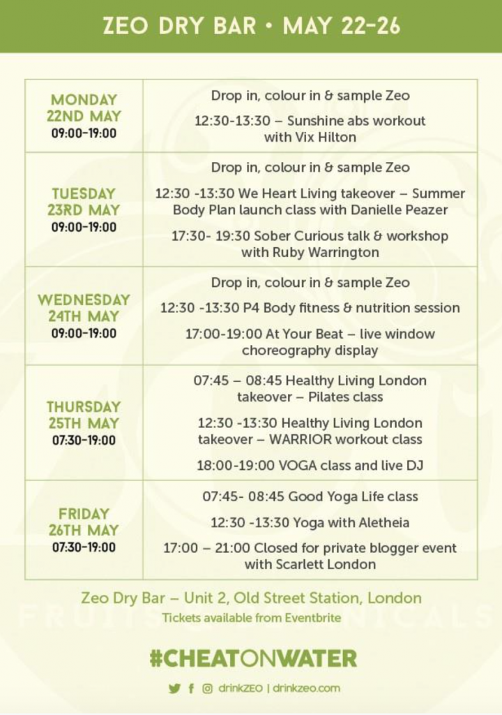 Zeo dry bar pop-up timetable
