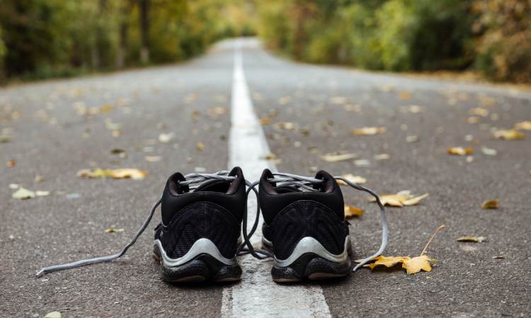 Running shoes on a road